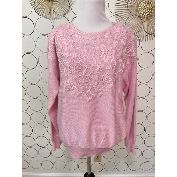 Jaclyn Smith Sweaters - VTG Jaclyn Smith Womens Knit Sweater M Pastel Pink Beaded Coquette Floral Dainty